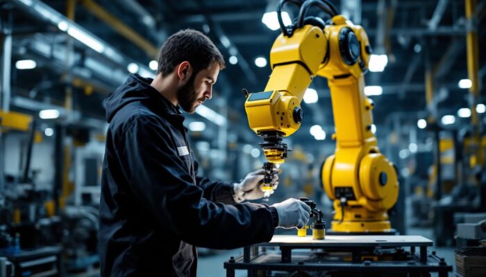 A photograph of a skilled technician operating a state-of-the-art industrial robotic arm in a dynamic manufacturing environment