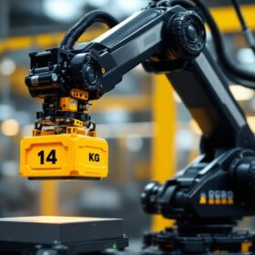 A photograph of a sleek industrial robot in action