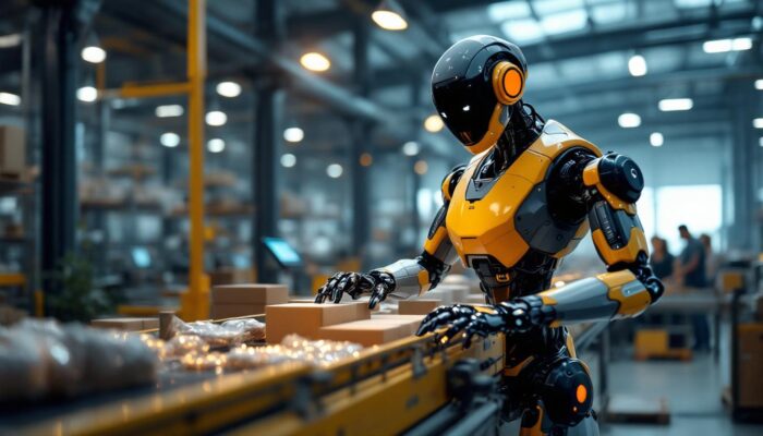 A photograph of a sleek industrial robot in action within a modern warehouse setting