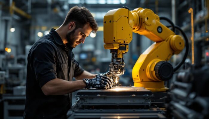 A photograph of a skilled technician working alongside an industrial robot in a modern materials engineering lab