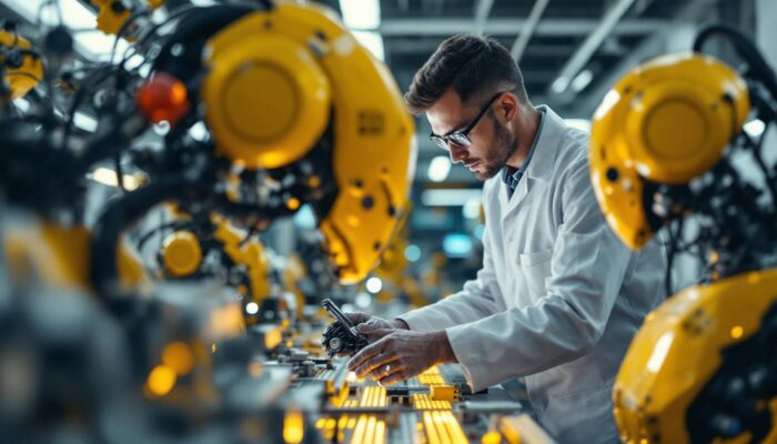 A photograph of a biomedical engineer working alongside industrial robots in a modern laboratory setting