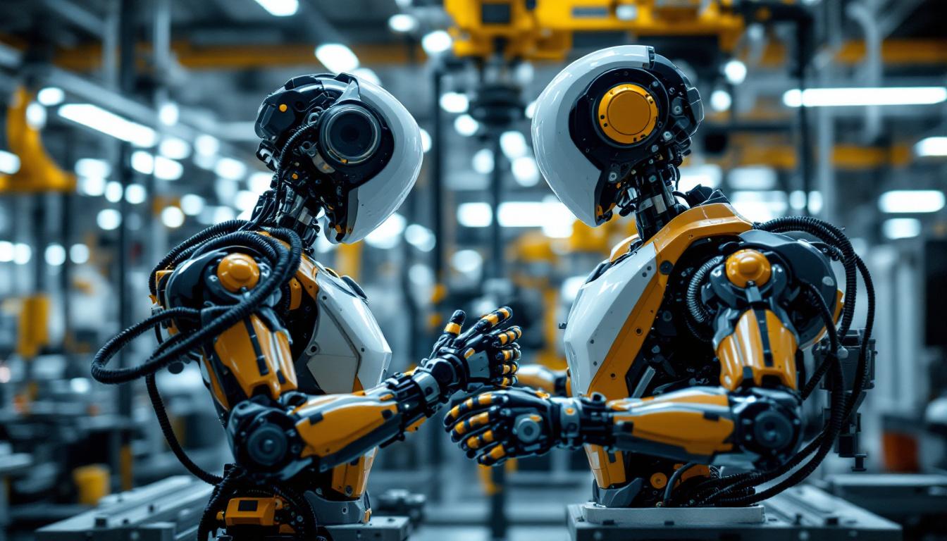 A photograph of a sleek industrial robot in action within a general electric facility in boston