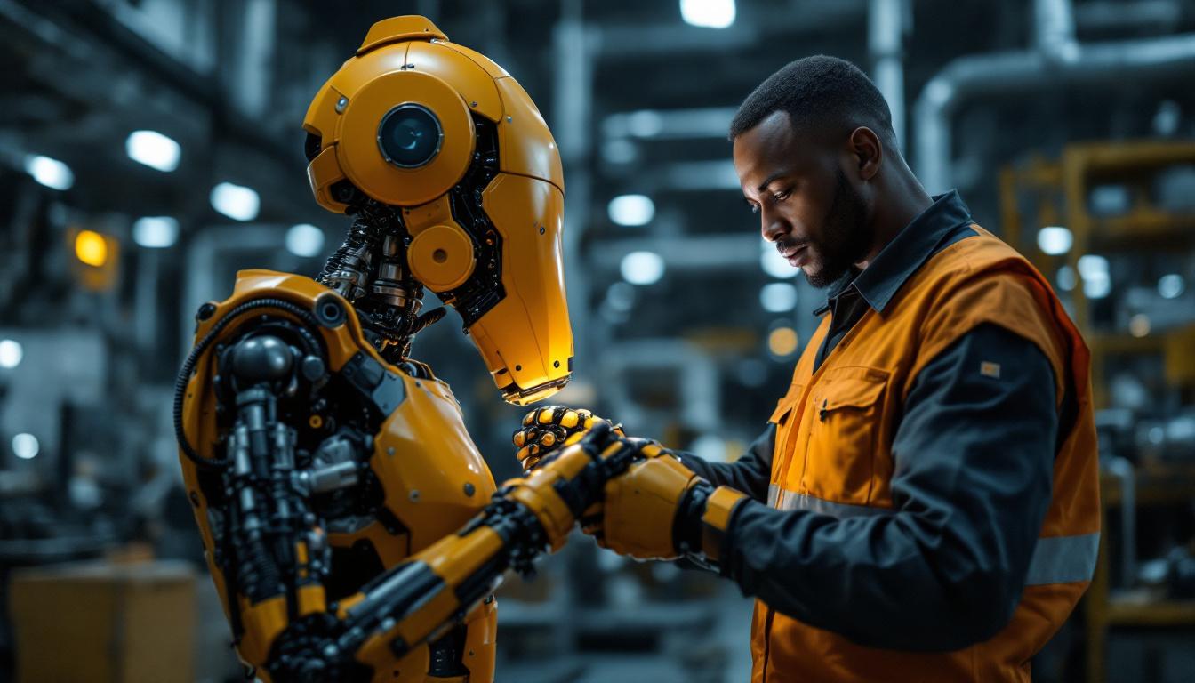 A photograph of a skilled technician interacting with an industrial robot in a modern manufacturing environment