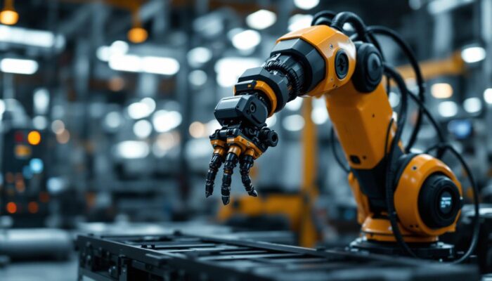 A photograph of a sleek industrial robotic arm in action