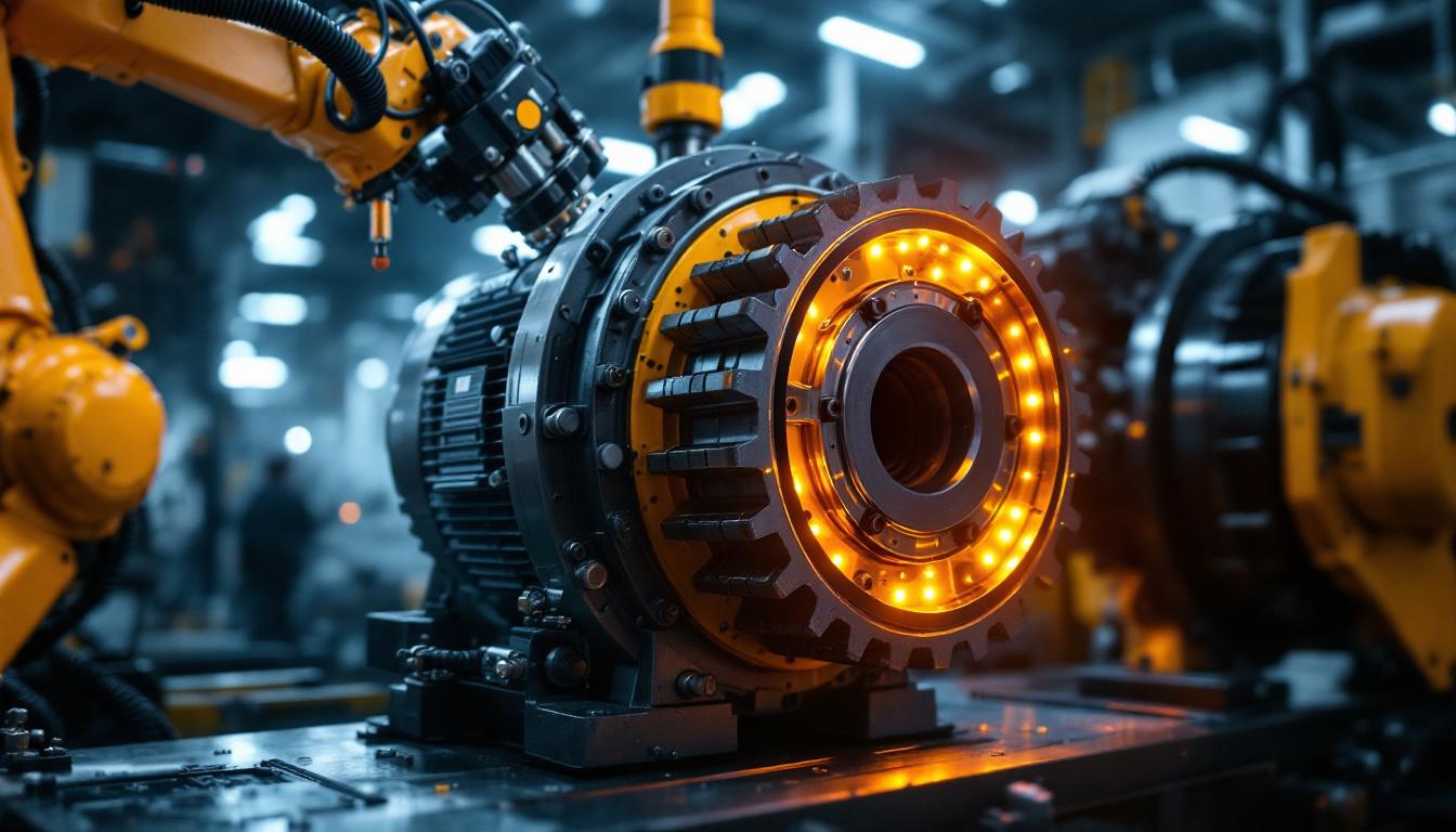 A photograph of capture a photograph of an a.o. smith motor wheel in action within an industrial setting