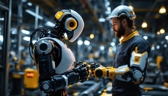A photograph of a sleek industrial robot in action within a high-tech manufacturing environment