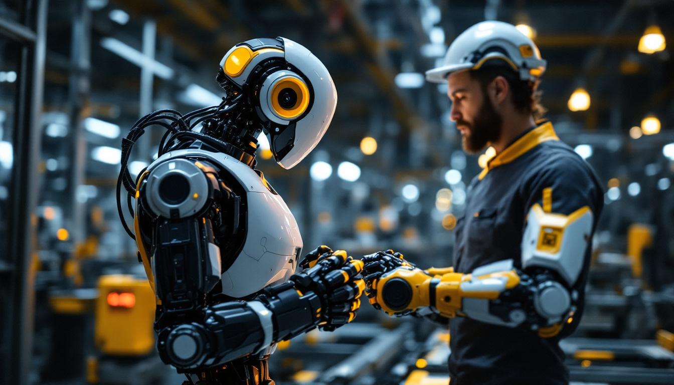 A photograph of a sleek industrial robot in action within a high-tech manufacturing environment