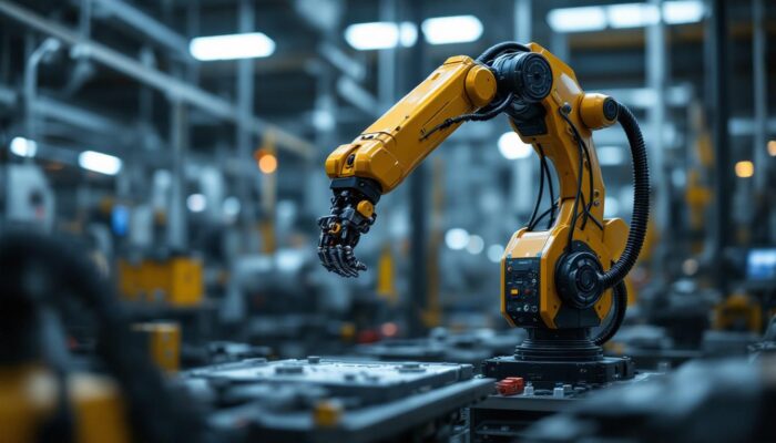 A photograph of a sleek industrial robotic arm in action