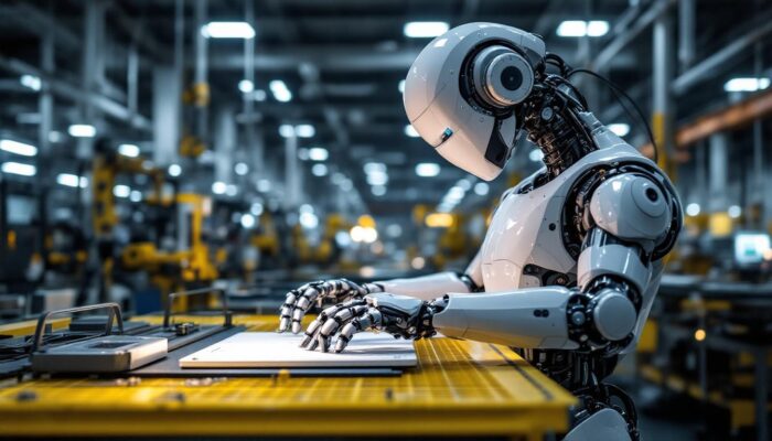 A photograph of a sleek industrial robot in action within a modern manufacturing facility