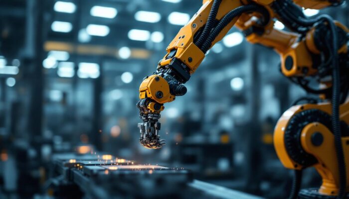 A photograph of a close-up view of an industrial robotic arm in action