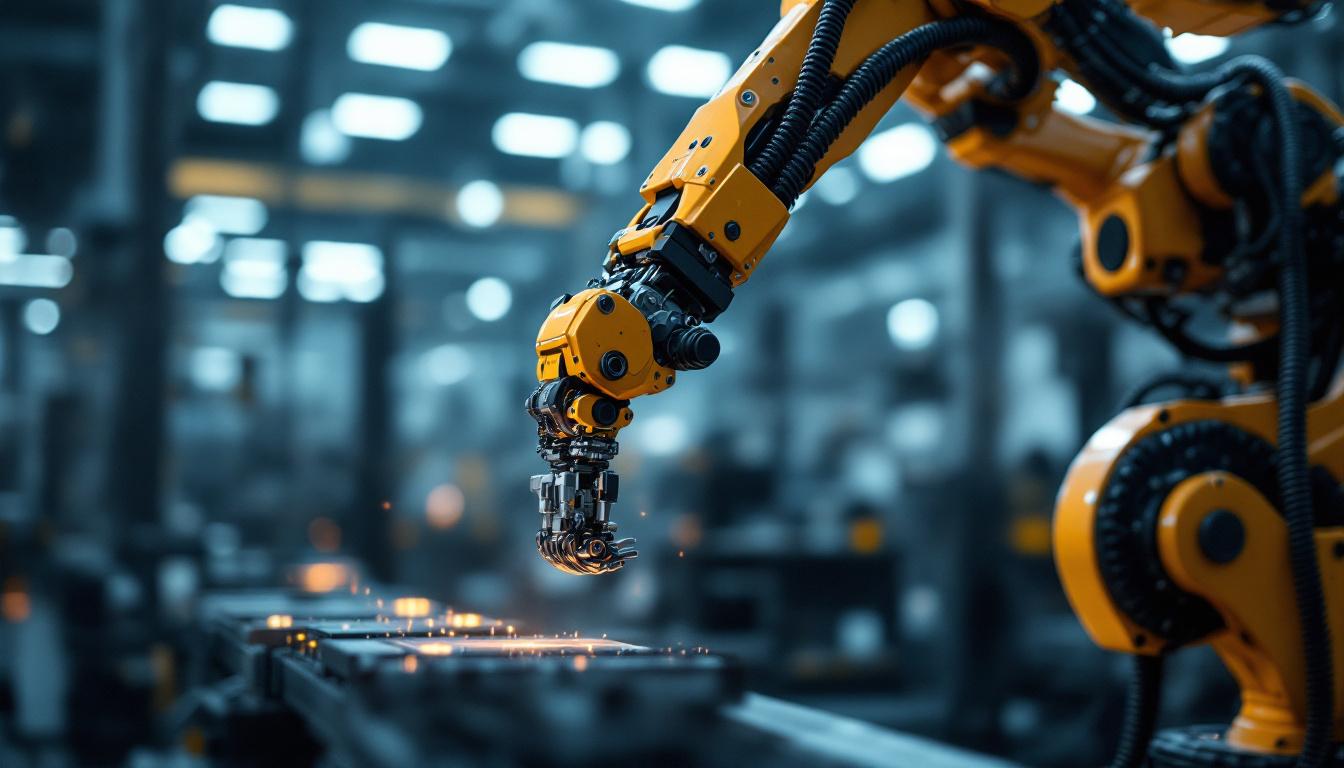 A photograph of a close-up view of an industrial robotic arm in action