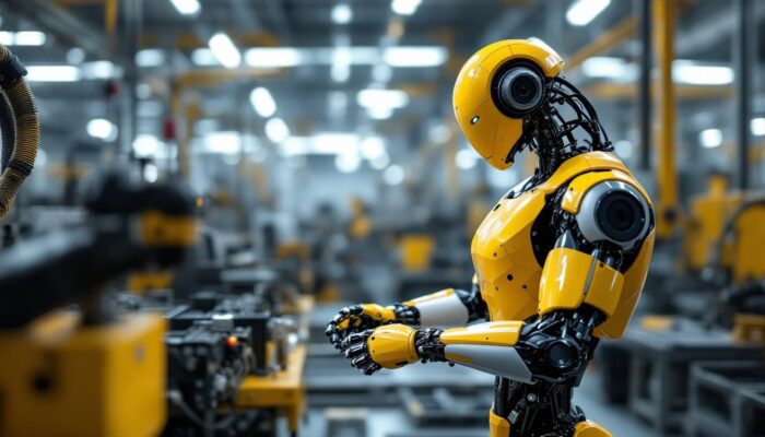 A photograph of a sleek industrial robot in action