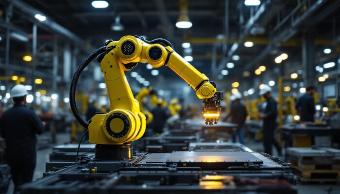 A photograph of a sleek industrial robotic arm in action within a san antonio manufacturing facility