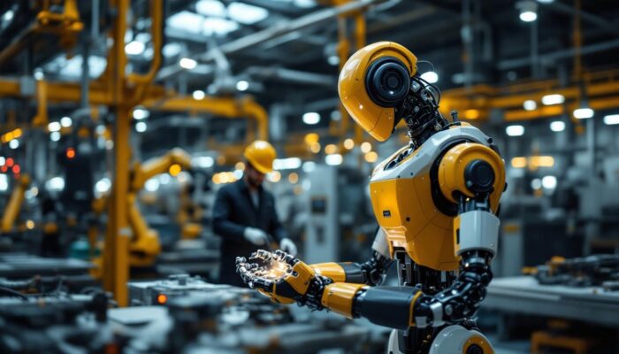 A photograph of a modern industrial robot in action within a manufacturing setting