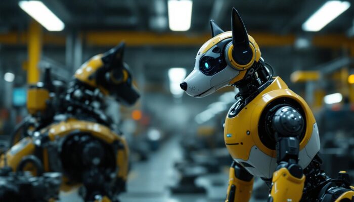 A photograph of a lifelike robotic dog interacting with an industrial setting
