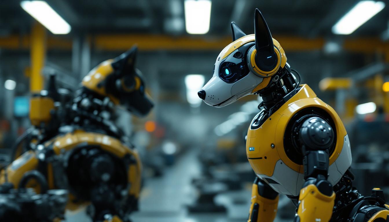 A photograph of a lifelike robotic dog interacting with an industrial setting