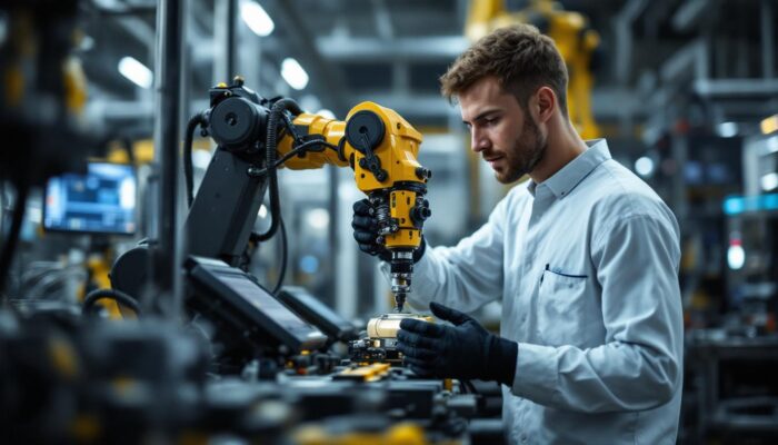 A photograph of a skilled technician programming or operating an industrial robotic arm in a high-tech manufacturing environment