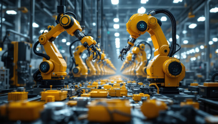 A photograph of a bustling chinese factory floor showcasing advanced industrial robots in action
