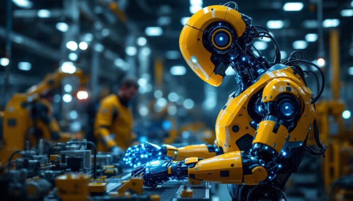 A photograph of a sleek industrial robot in action