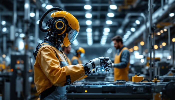 A photograph of a state-of-the-art industrial robot in action within a modern manufacturing facility