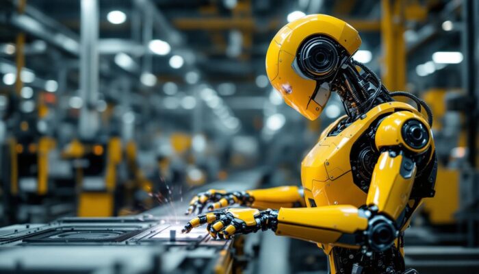 A photograph of a sleek industrial robot in action within a factory setting