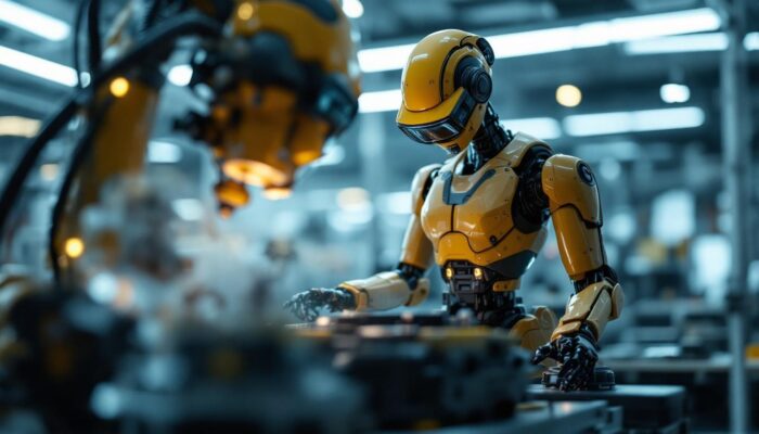 A photograph of a skilled researcher interacting with an industrial robot in a modern workspace