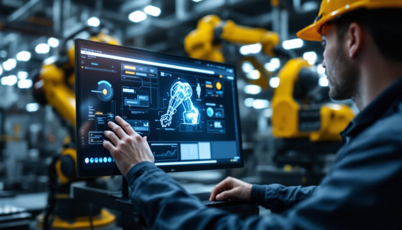 A photograph of a skilled technician interacting with a digital twin interface on a computer screen