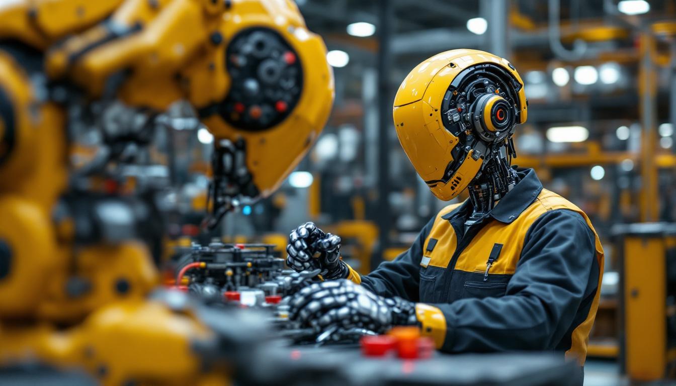 A photograph of a skilled technician performing maintenance on an industrial robot in a factory setting
