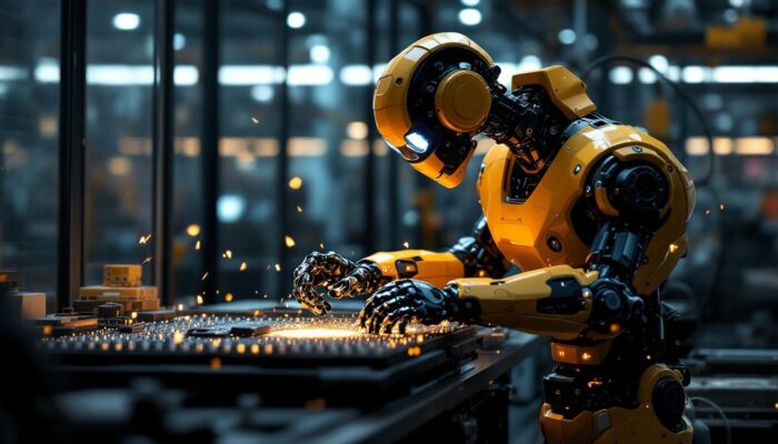 A photograph of a sleek industrial robot in action