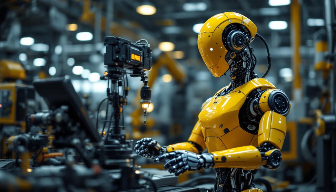 A photograph of a sleek industrial robot in action within a manufacturing setting