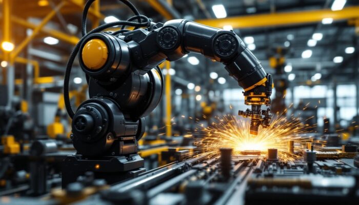 A photograph of a sleek industrial robotic arm in action within a modern manufacturing environment