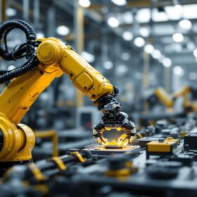 A photograph of a dynamic industrial robotic arm in action within a manufacturing environment