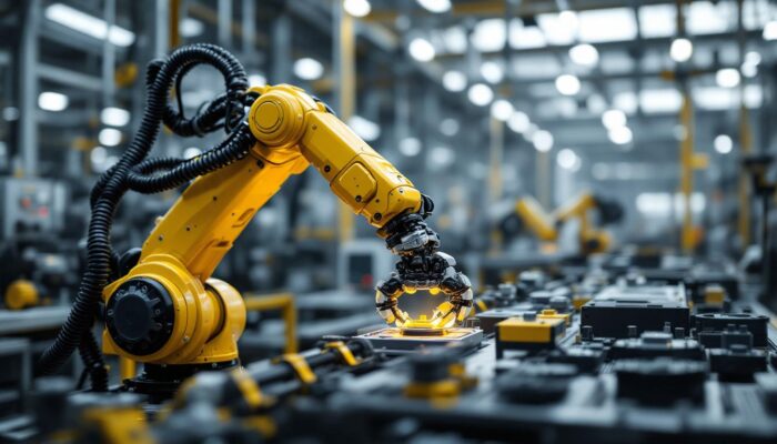A photograph of a dynamic industrial robotic arm in action within a manufacturing environment
