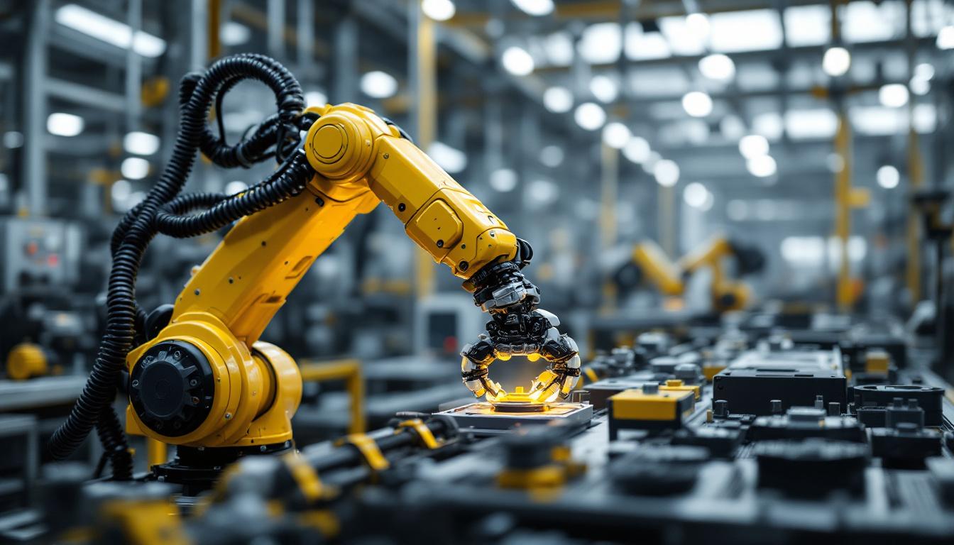 A photograph of a dynamic industrial robotic arm in action within a manufacturing environment