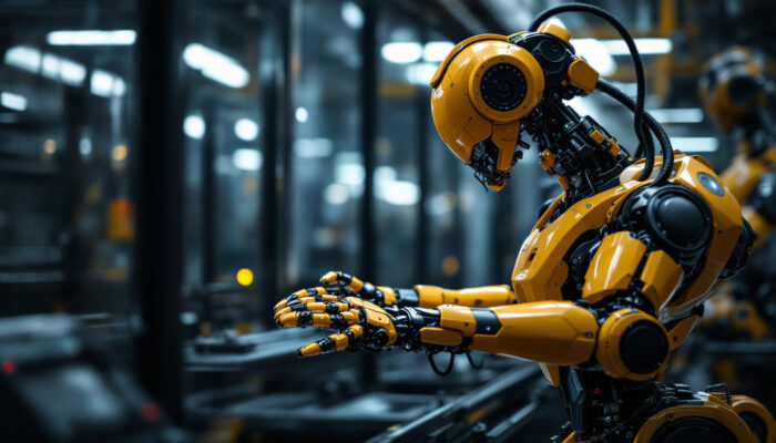 A photograph of a modern industrial robot in action within a manufacturing environment