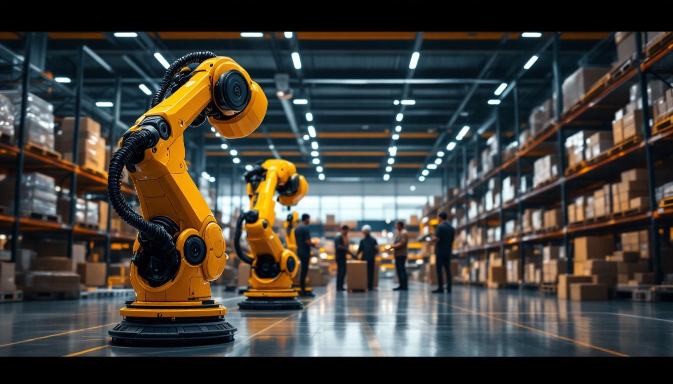 A photograph of a modern warehouse interior showcasing industrial robots in action
