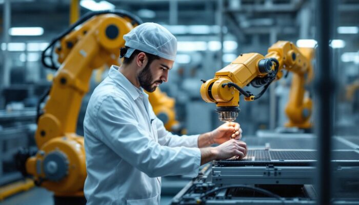 A photograph of a skilled technician operating an industrial robotic arm in a clean