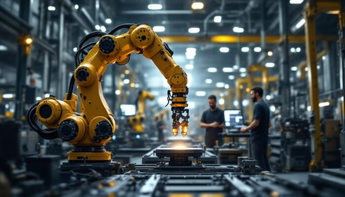 A photograph of a dynamic industrial robotic arm in action within a modern manufacturing environment