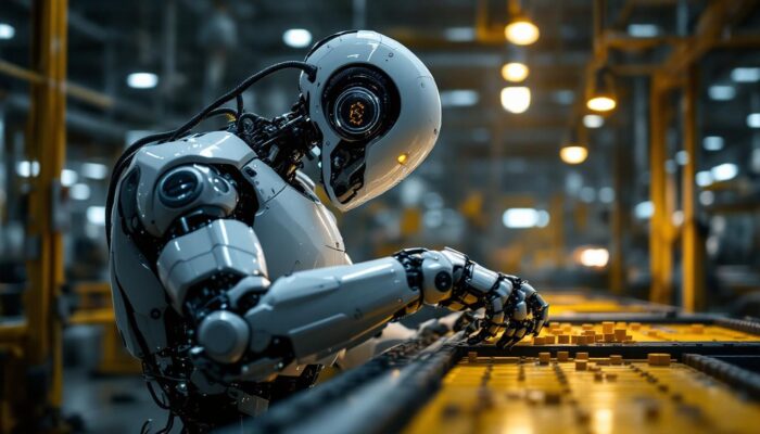 A photograph of a sleek industrial robot in action on a factory floor