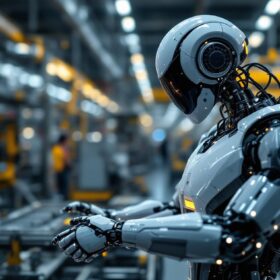 A photograph of a sleek industrial robot in action within a modern manufacturing facility