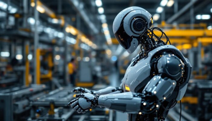 A photograph of a sleek industrial robot in action within a modern manufacturing facility