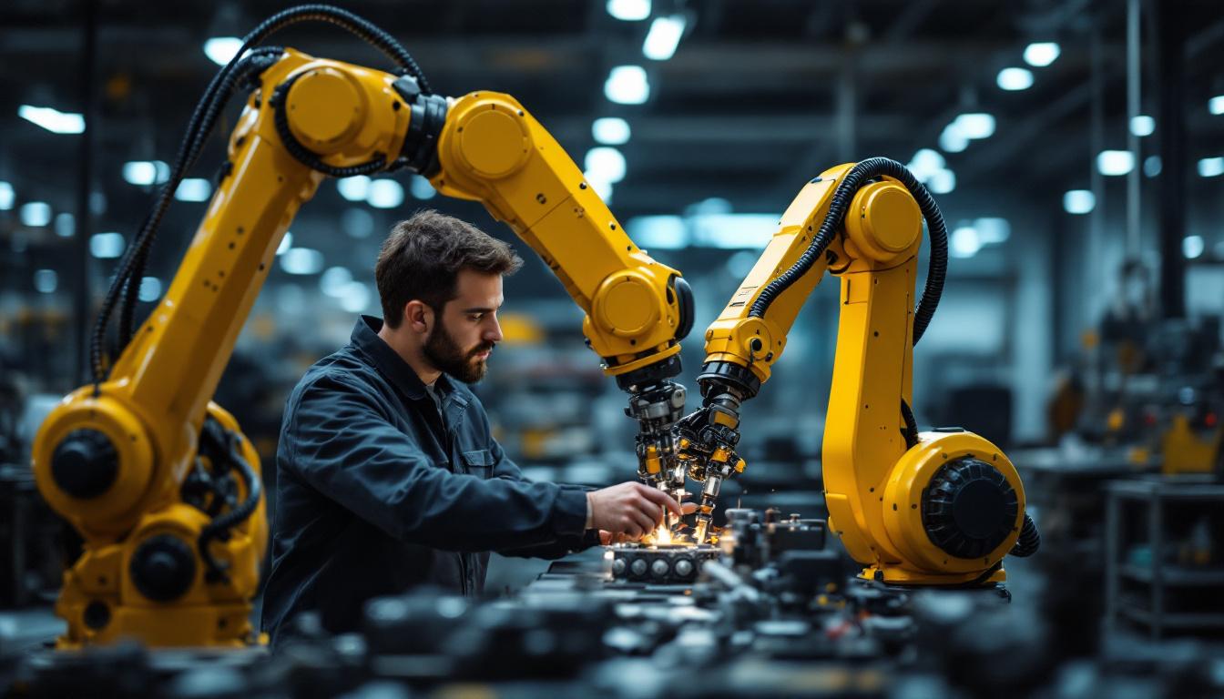 A photograph of a skilled applications engineer collaborating with a robotic arm in a modern industrial setting