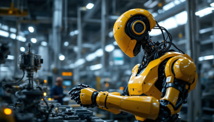 A photograph of a modern industrial robot in action within a manufacturing environment
