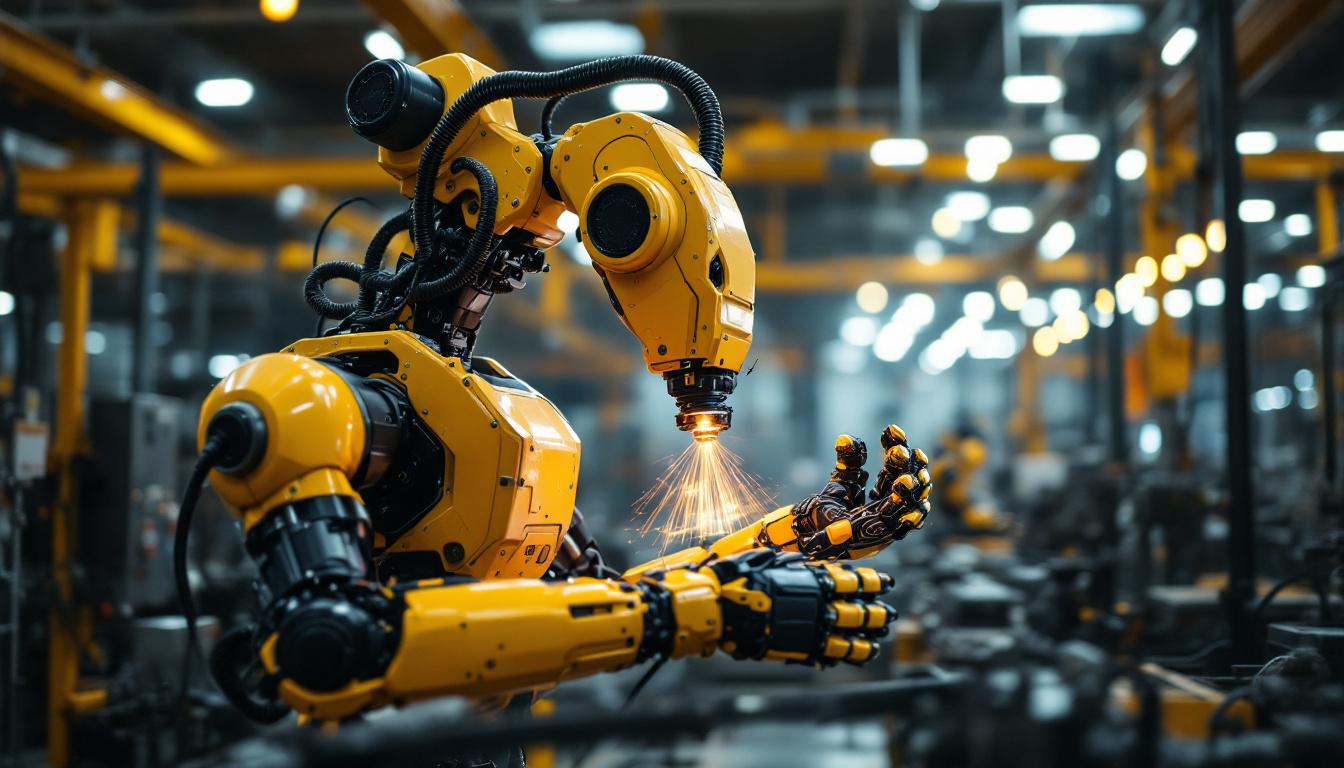 A photograph of a state-of-the-art industrial robot in action within a texas manufacturing facility
