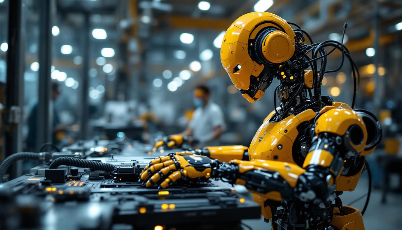 A photograph of a high-tech industrial robot in action within a manufacturing environment