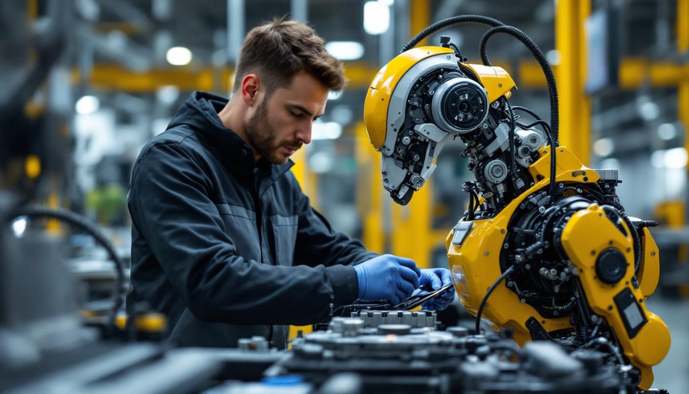 A photograph of a skilled engineer working on an industrial robot in a modern manufacturing setting