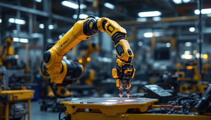 A photograph of a sleek industrial robotic arm in action