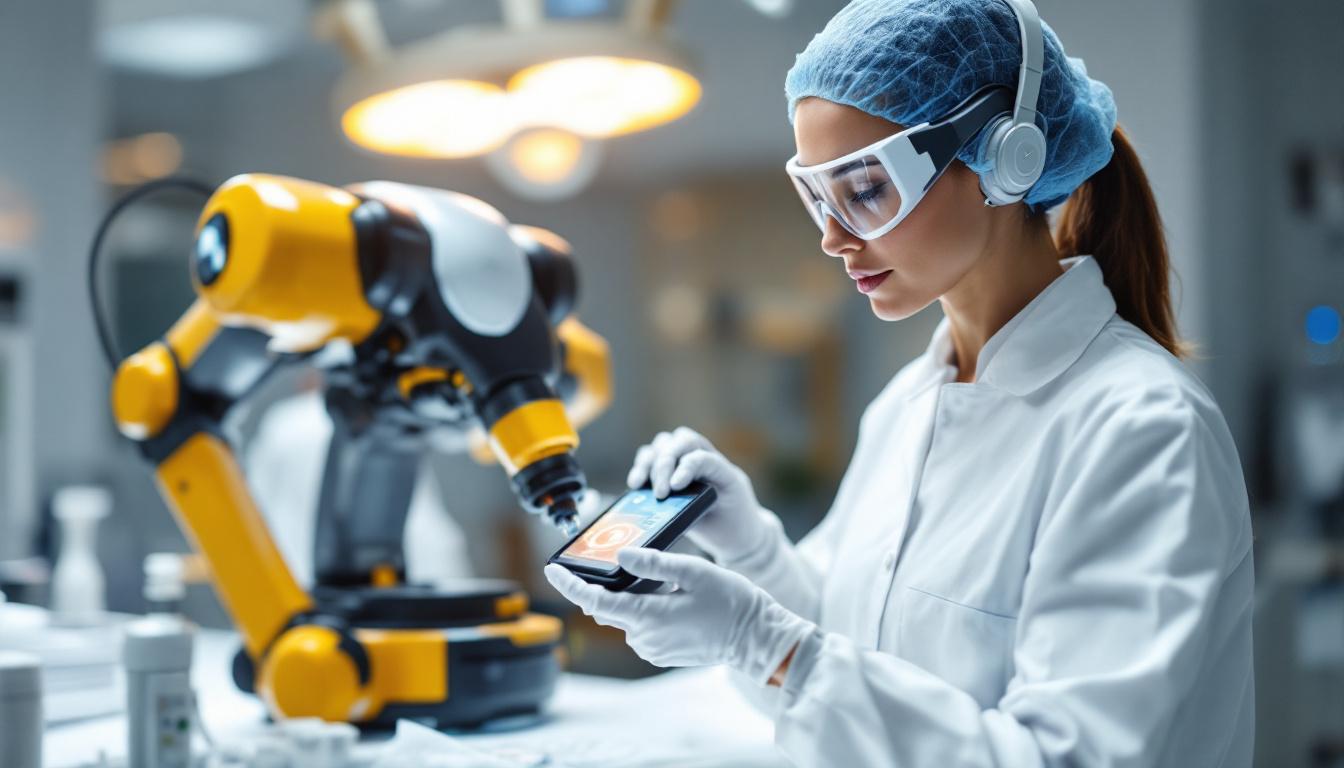 A photograph of a medical sales professional engaging with a robotic medical device in a clinical setting
