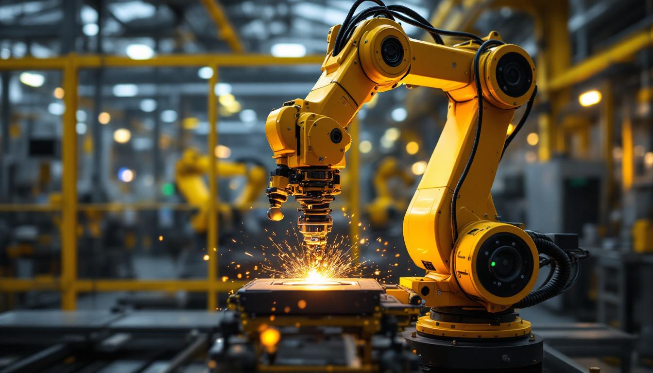 A photograph of a sleek industrial robotic arm in action within a modern boston manufacturing facility
