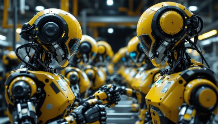 A photograph of a diverse group of industrial robots working collaboratively in a modern manufacturing setting